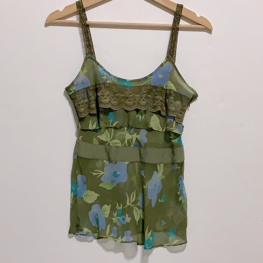 Free People Y2K Size 6 Silk Tank Top Floral Green Strappy Lace Ruffle Fairycore